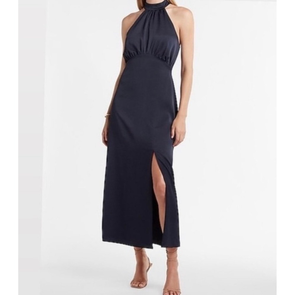 Express Womens Satin Halter Neck High Slit Maxi Dress Small Party Holiday Blue